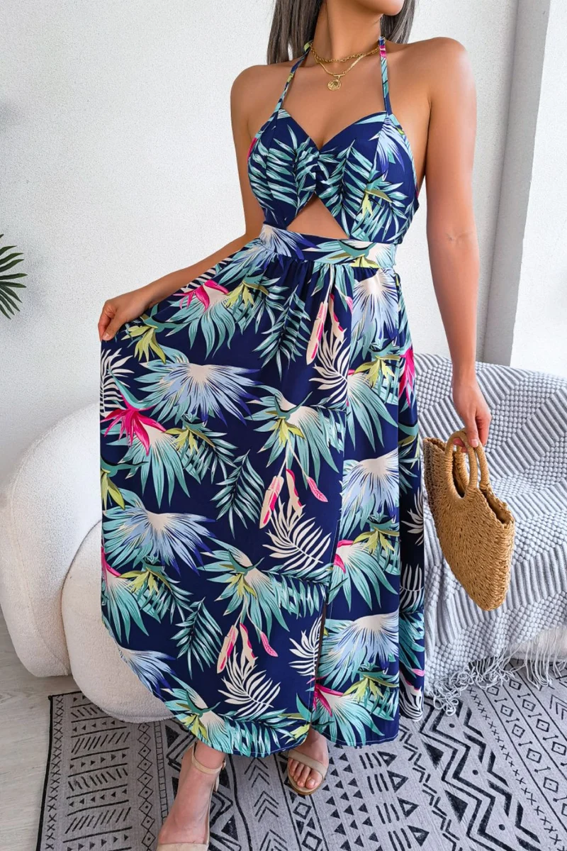Botanische print geknoopte rugloze cutout splitjurk
