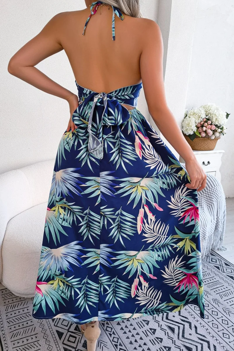 Botanische print geknoopte rugloze cutout splitjurk