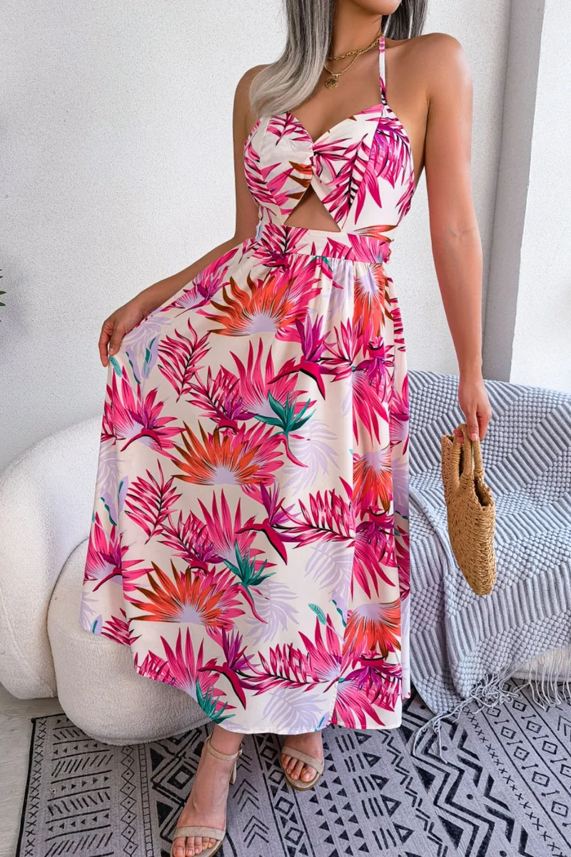 Botanische print geknoopte rugloze cutout splitjurk