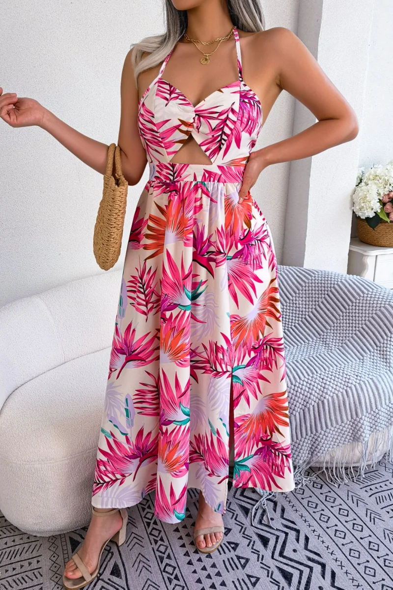 Botanische print geknoopte rugloze cutout splitjurk