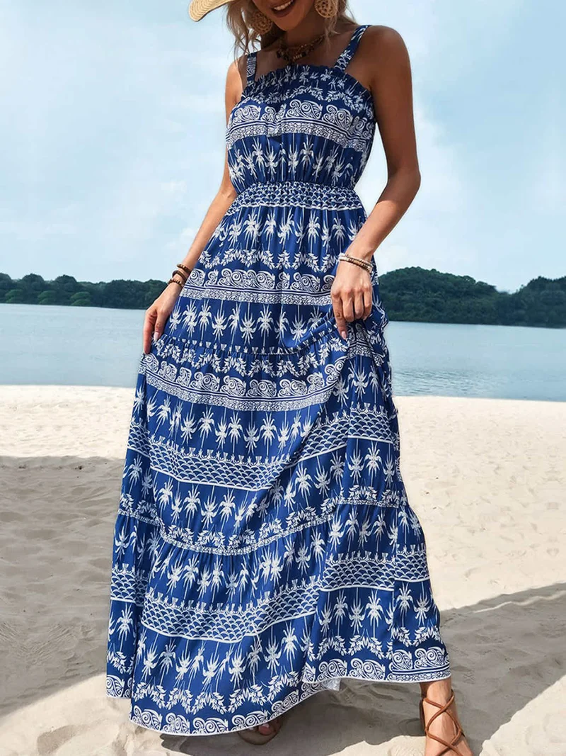 Perfee bedrukte vierkante hals mouwloze maxi-jurk