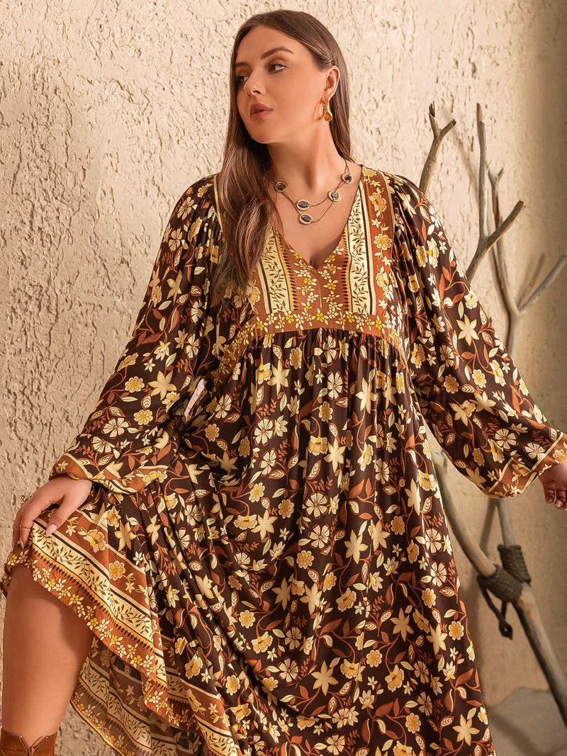 Plus Size Bedrukte V-hals Ballonmouwen Jurk
