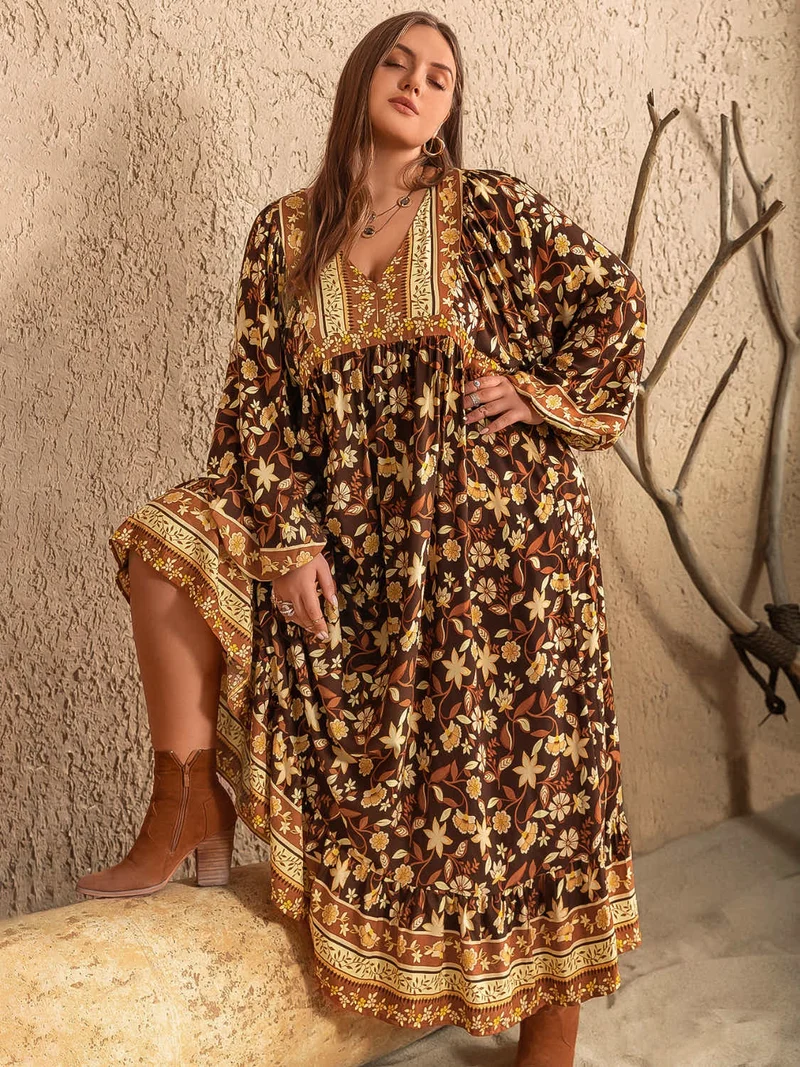 Plus Size Bedrukte V-hals Ballonmouwen Jurk