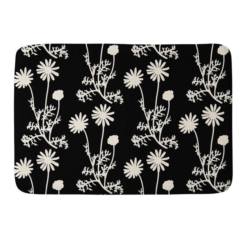 Dark Floral Botanical Wild Daisies Pattern in Black and Almond Cream Bath Mat