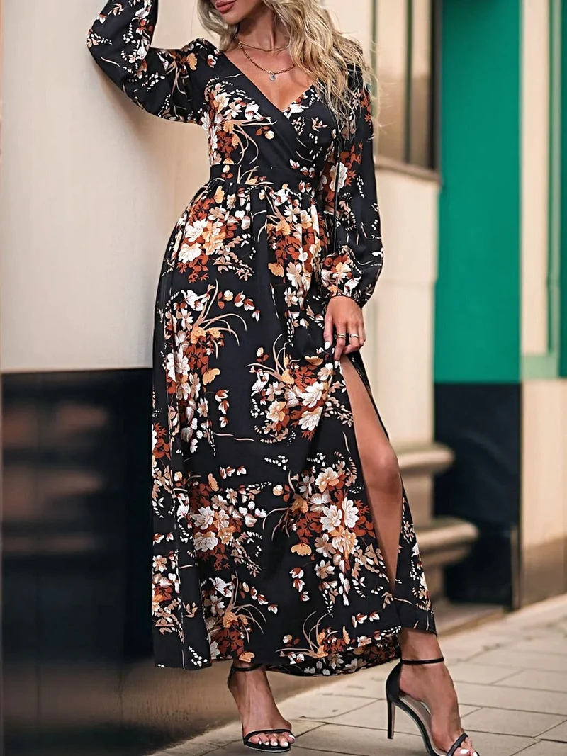 Perfecte elegante maxi-jurk van 100% polyester met split - ontwerp met lange mouwen en overslag