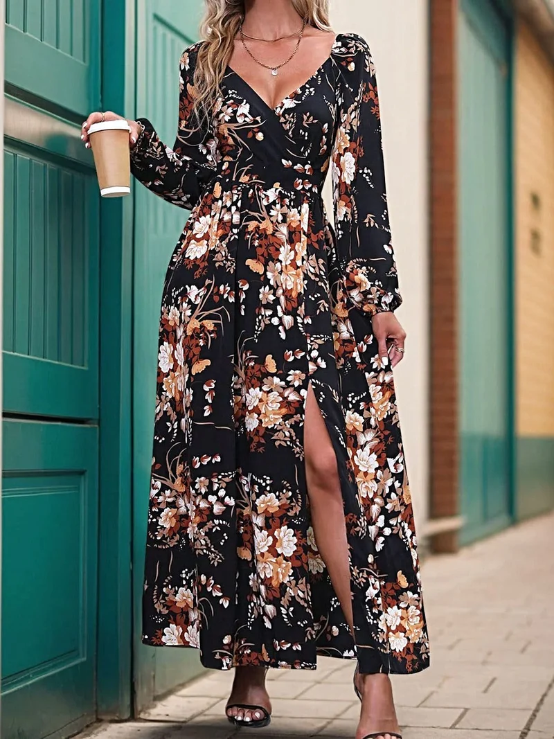 Perfecte elegante maxi-jurk van 100% polyester met split - ontwerp met lange mouwen en overslag