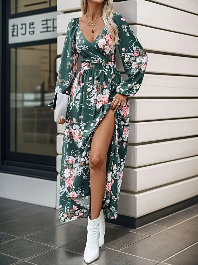 Perfecte elegante maxi-jurk van 100% polyester met split - ontwerp met lange mouwen en overslag