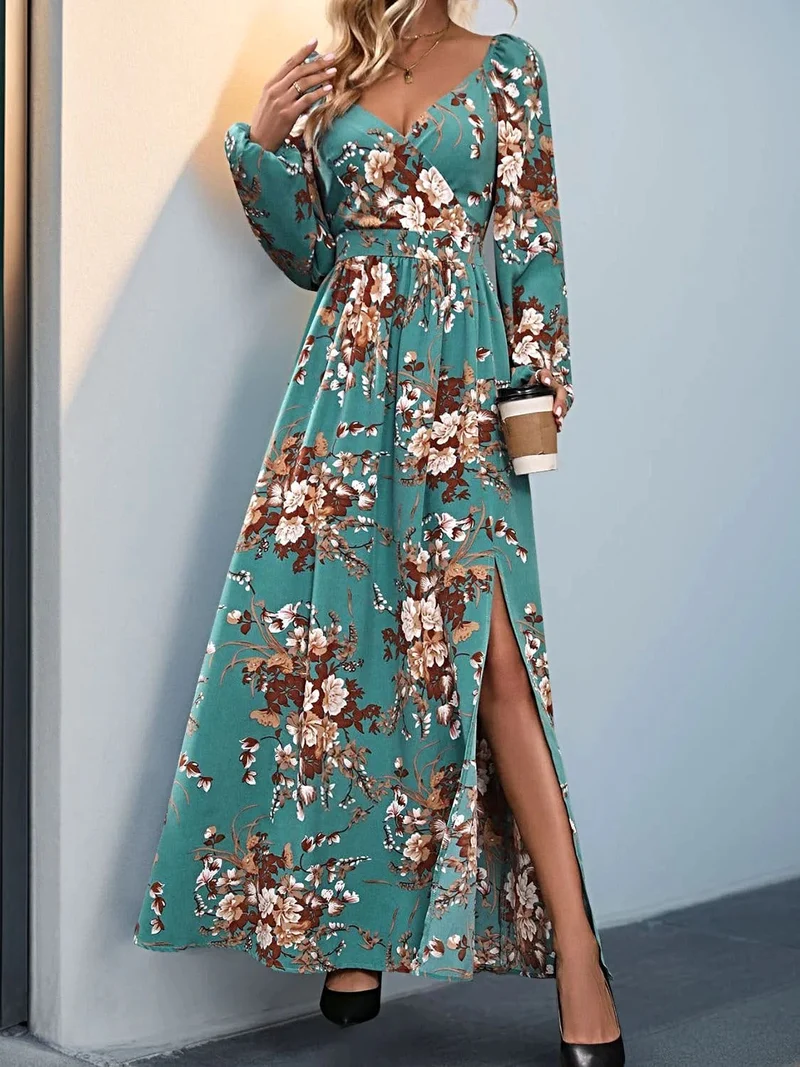 Perfecte elegante maxi-jurk van 100% polyester met split - ontwerp met lange mouwen en overslag