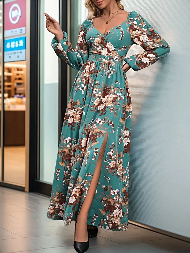 Perfecte elegante maxi-jurk van 100% polyester met split - ontwerp met lange mouwen en overslag