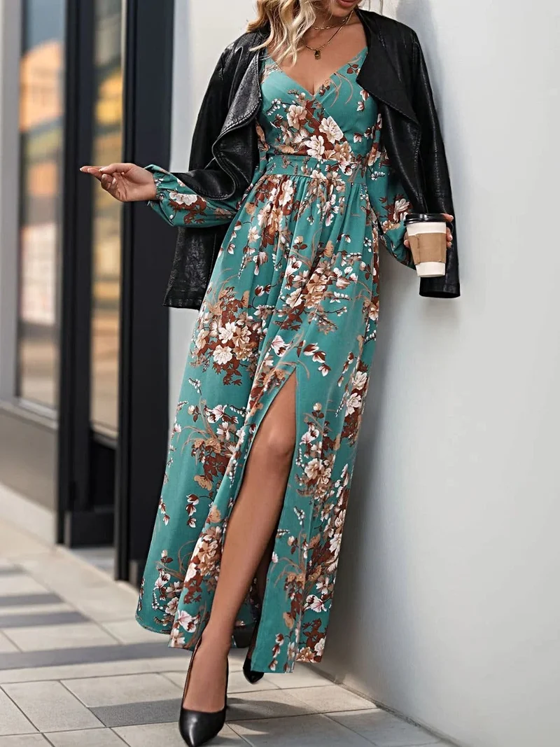 Perfecte elegante maxi-jurk van 100% polyester met split - ontwerp met lange mouwen en overslag