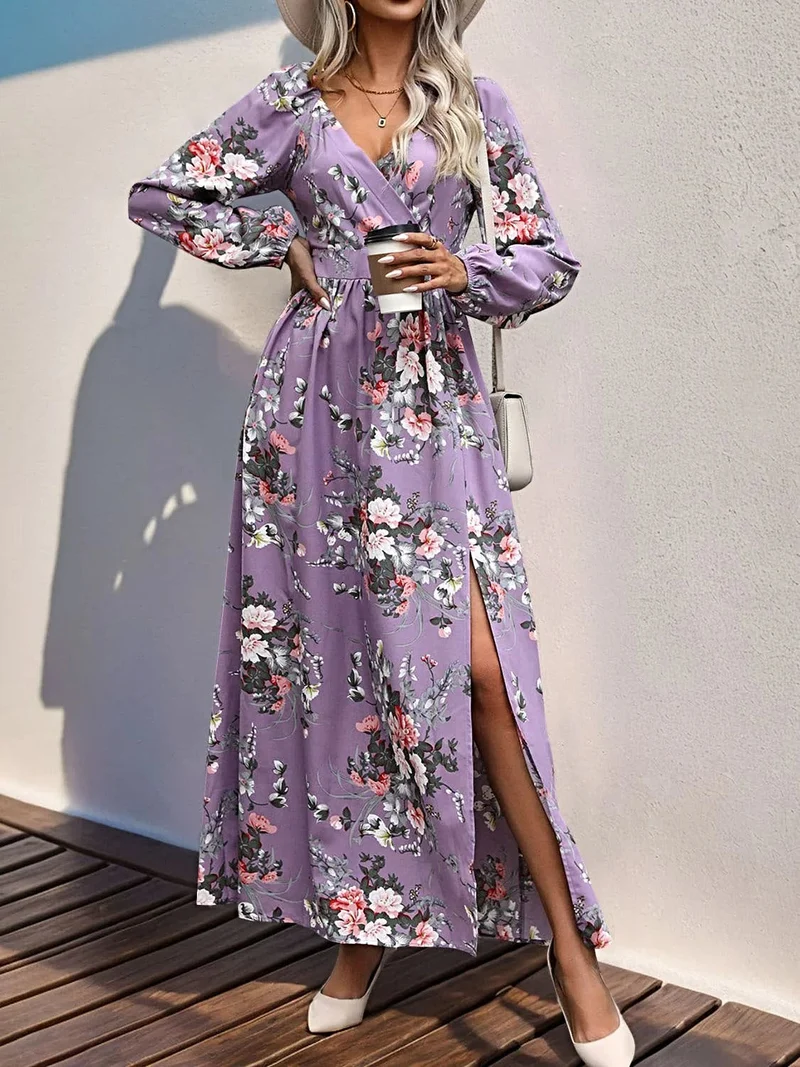 Perfecte elegante maxi-jurk van 100% polyester met split - ontwerp met lange mouwen en overslag
