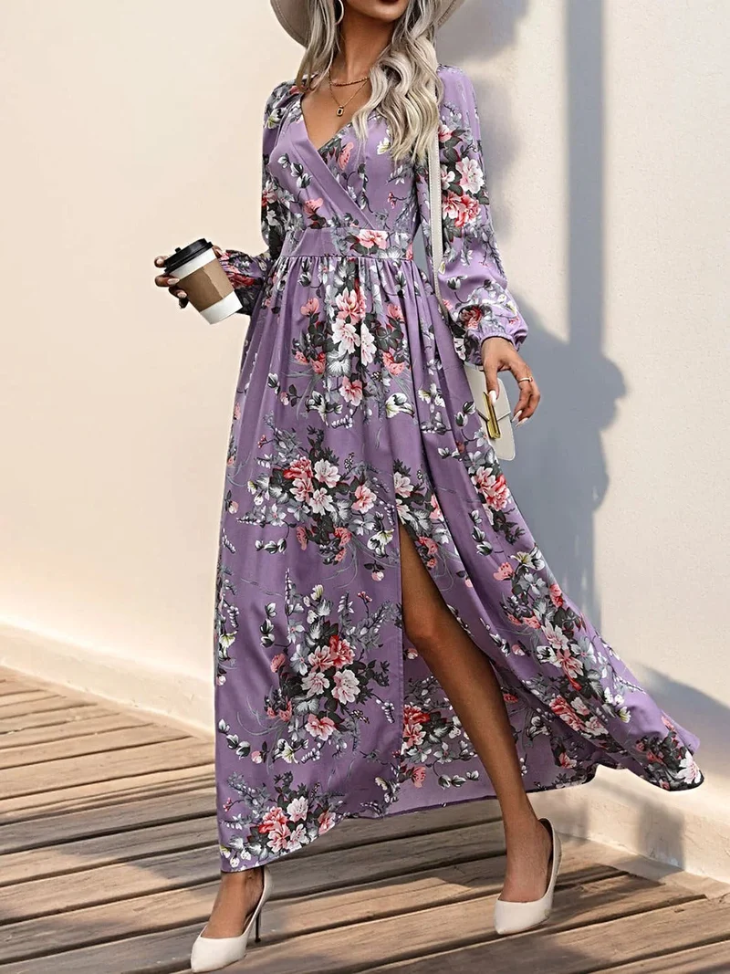 Perfecte elegante maxi-jurk van 100% polyester met split - ontwerp met lange mouwen en overslag