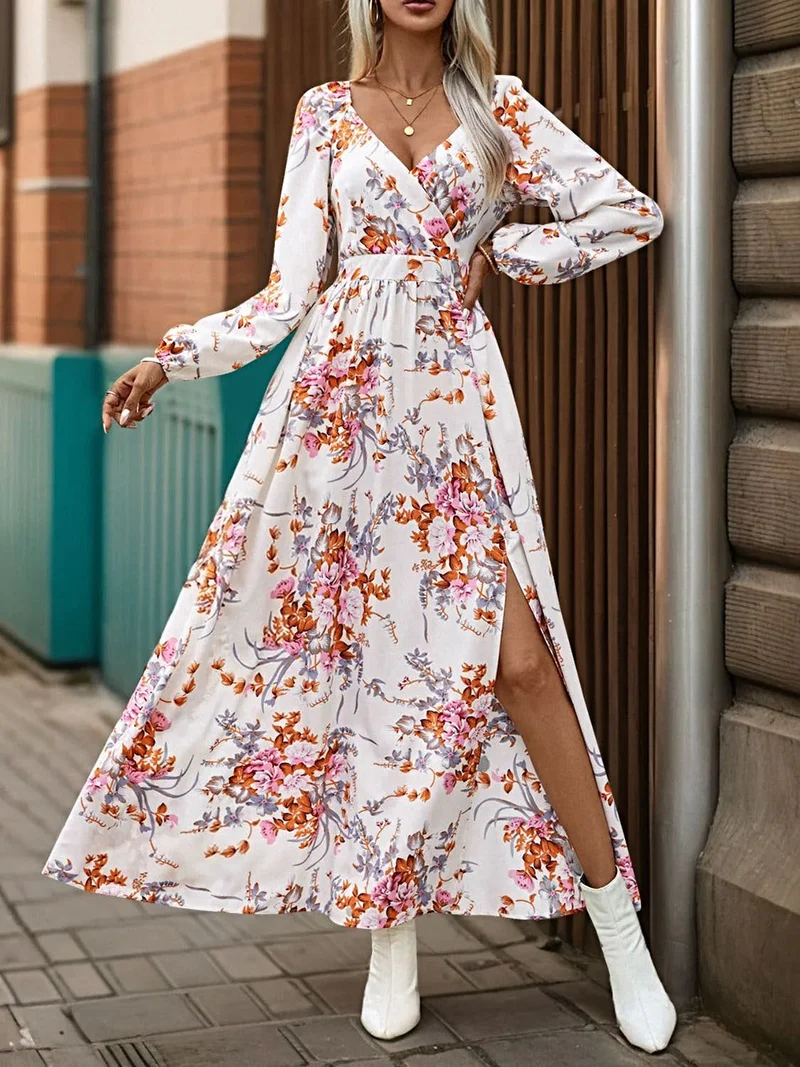 Perfecte elegante maxi-jurk van 100% polyester met split - ontwerp met lange mouwen en overslag