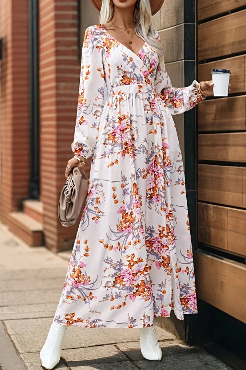 Perfecte elegante maxi-jurk van 100% polyester met split - ontwerp met lange mouwen en overslag