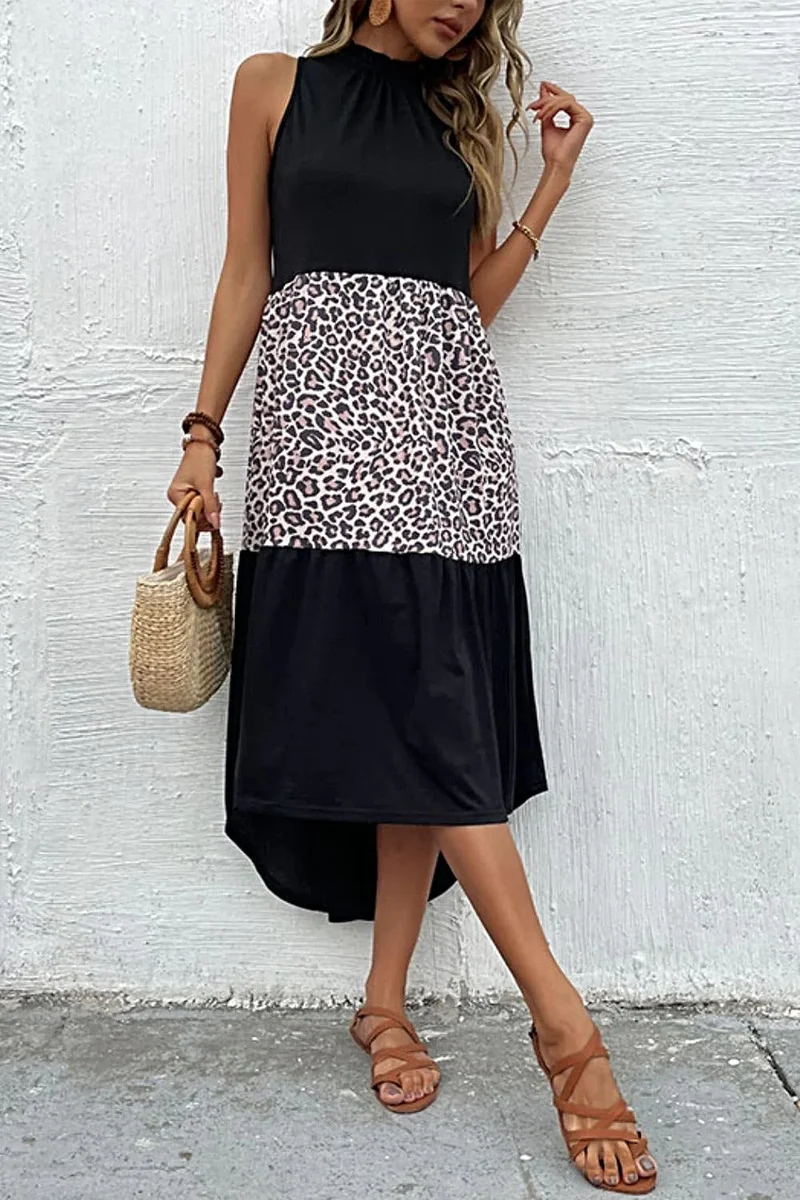 Chique maxi-jurk met luipaardprint, asymmetrische zoom en colkraag - casual mouwloze stijl