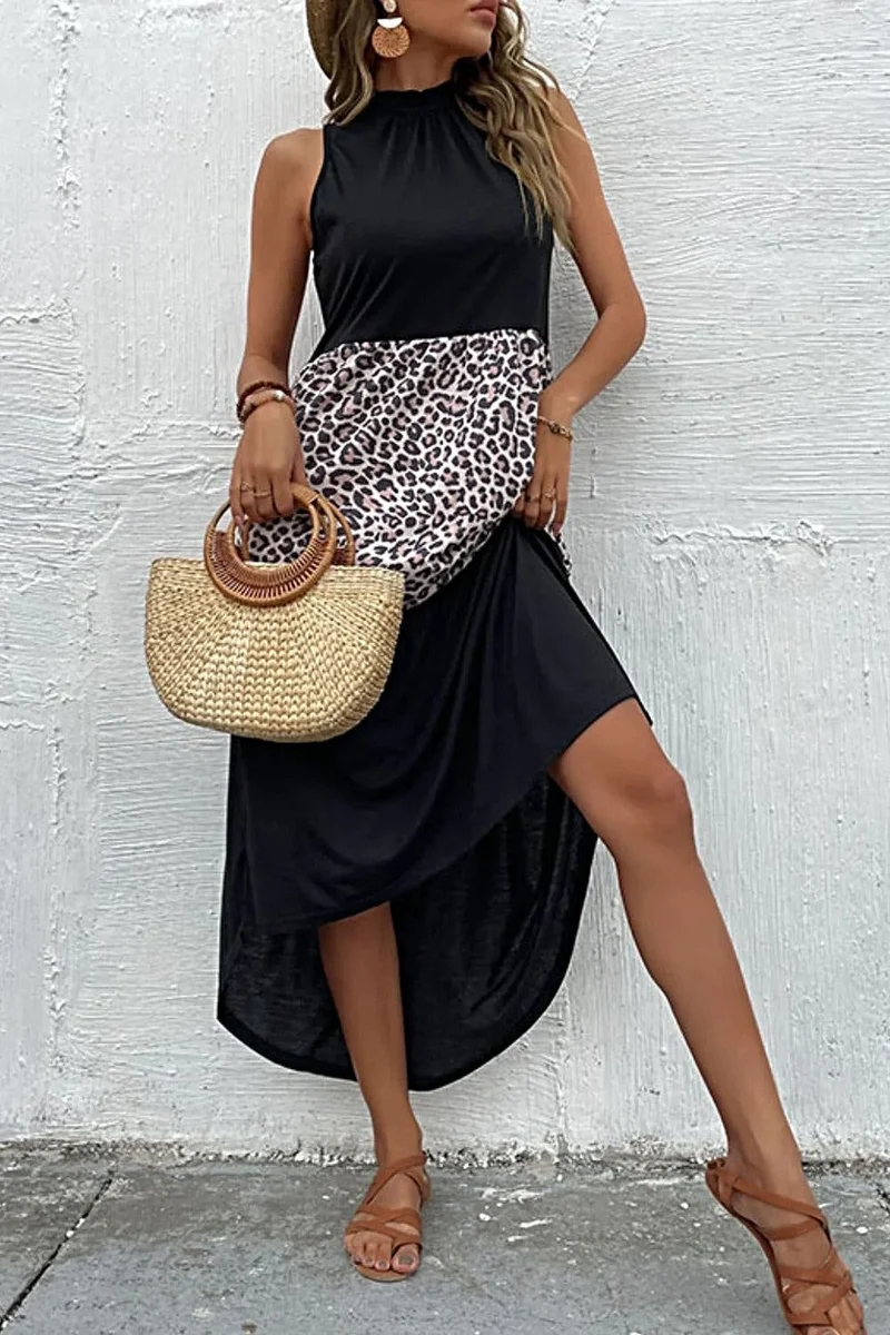 Chique maxi-jurk met luipaardprint, asymmetrische zoom en colkraag - casual mouwloze stijl