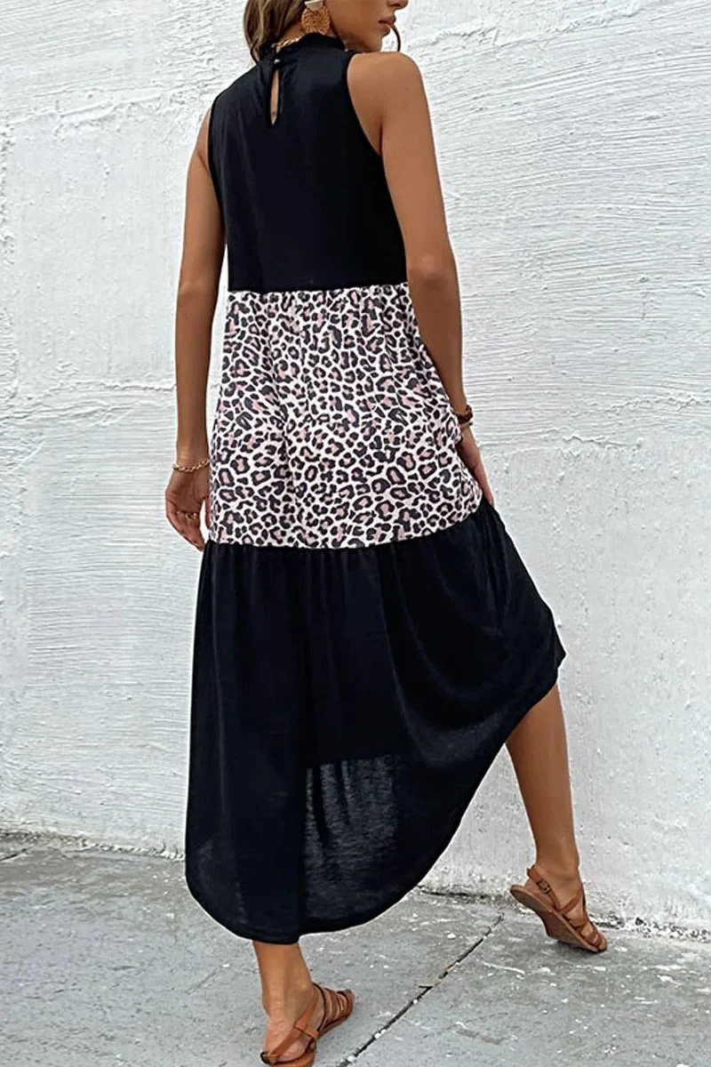 Chique maxi-jurk met luipaardprint, asymmetrische zoom en colkraag - casual mouwloze stijl