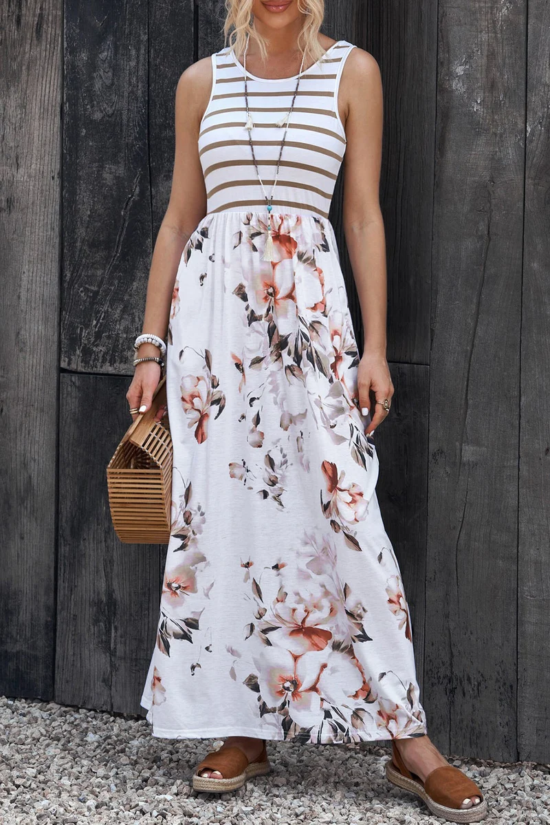 Gestreepte bloemen ronde hals mouwloze maxi-jurk
