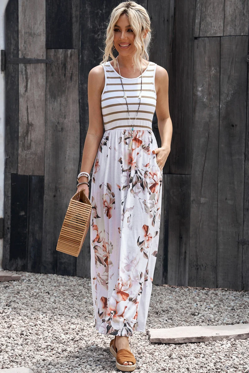Gestreepte bloemen ronde hals mouwloze maxi-jurk