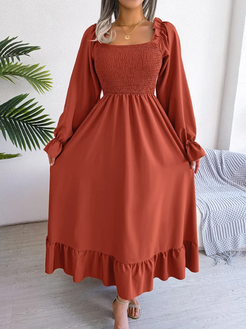 Elegante jurk met geplooide mouwen en ruches voor dames - ondoorzichtig, niet-elastisch, stijlvol ontwerp