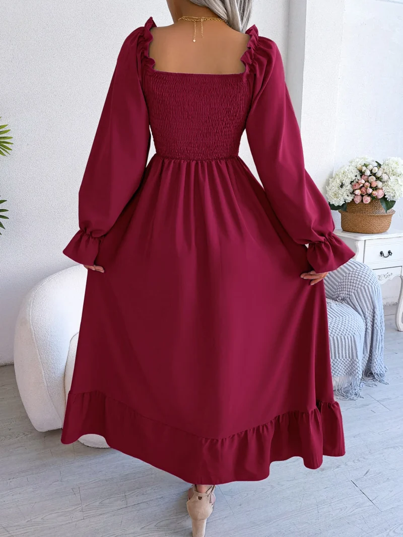 Elegante jurk met geplooide mouwen en ruches voor dames - ondoorzichtig, niet-elastisch, stijlvol ontwerp