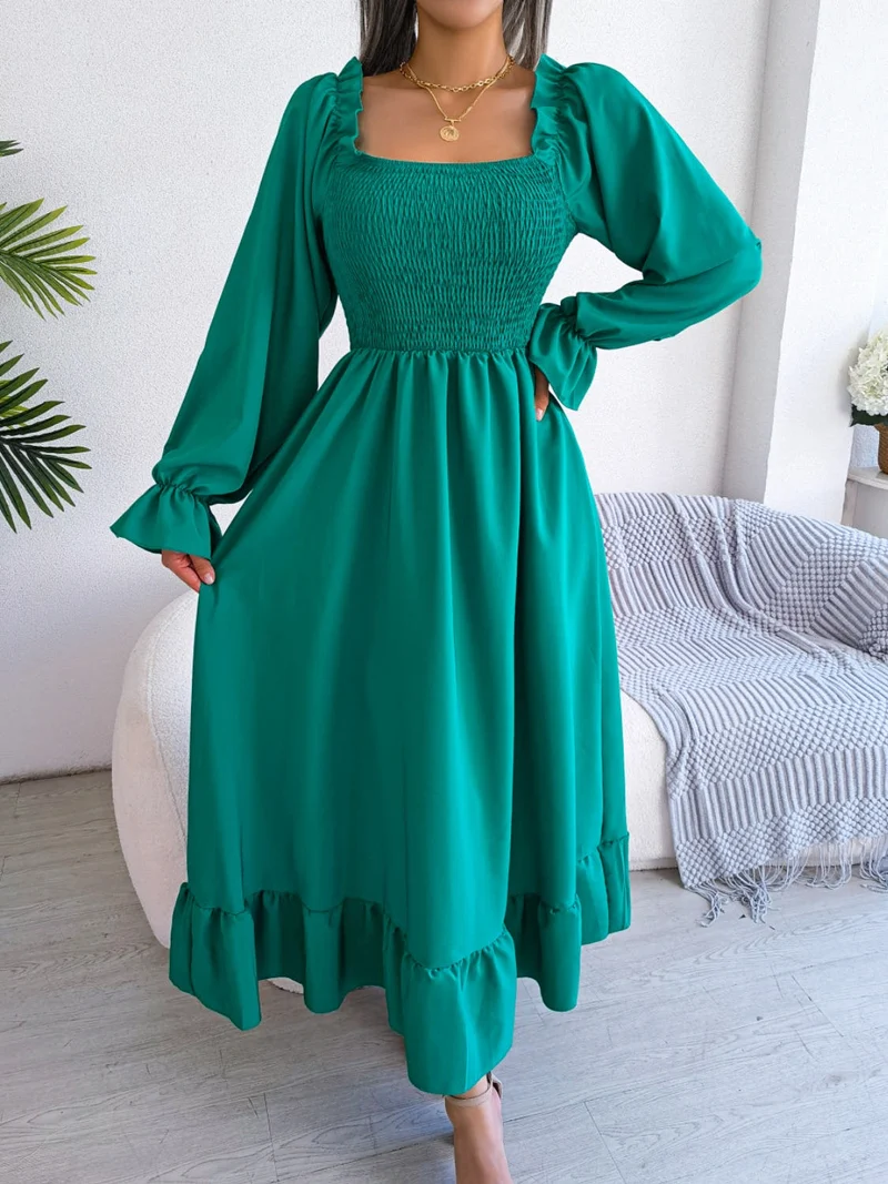Elegante jurk met geplooide mouwen en ruches voor dames - ondoorzichtig, niet-elastisch, stijlvol ontwerp