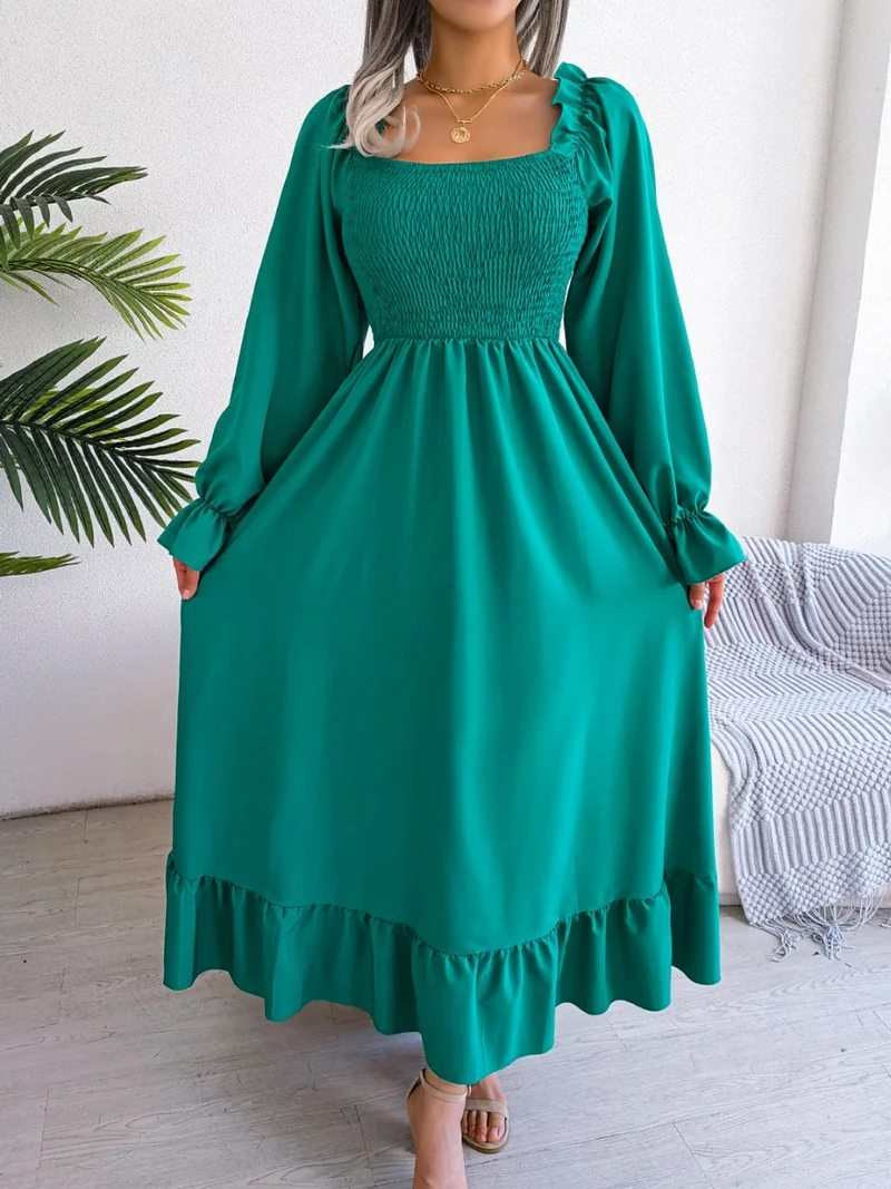 Elegante jurk met geplooide mouwen en ruches voor dames - ondoorzichtig, niet-elastisch, stijlvol ontwerp