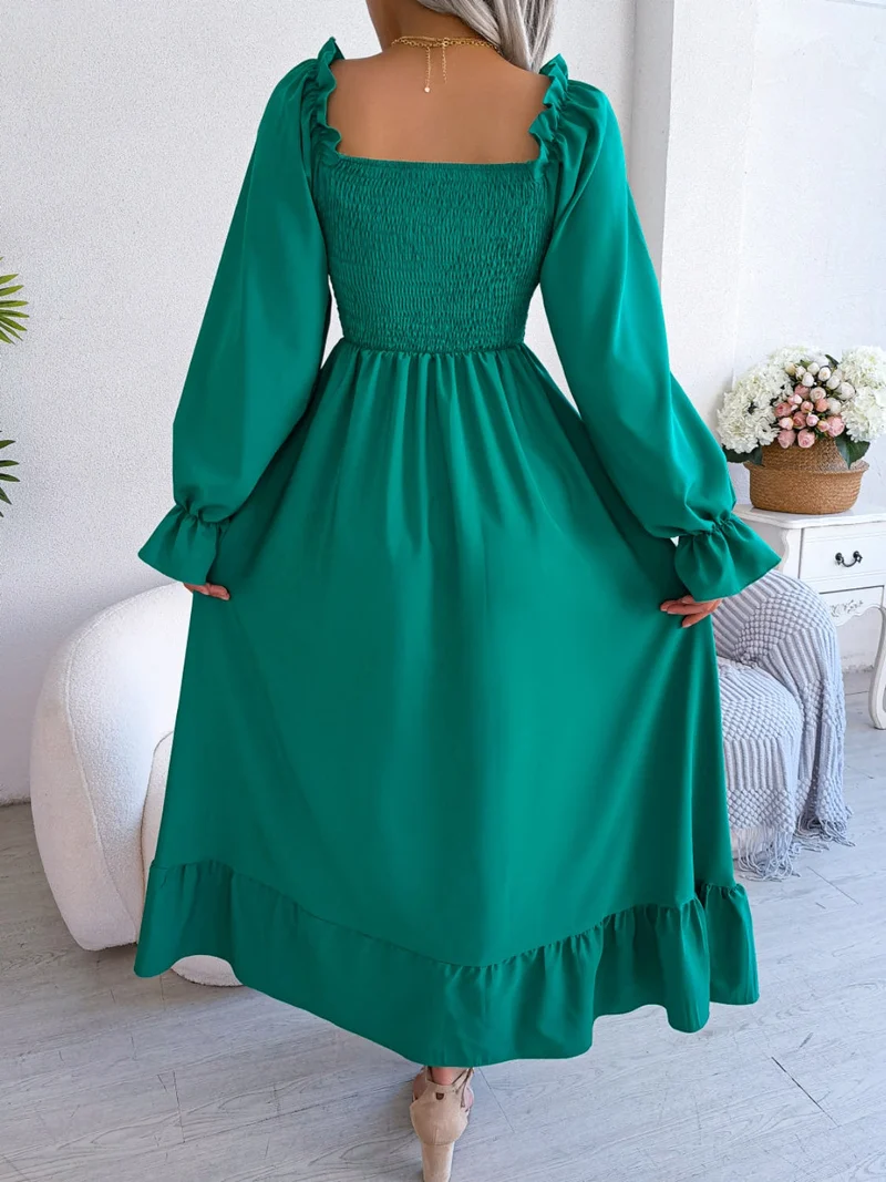 Elegante jurk met geplooide mouwen en ruches voor dames - ondoorzichtig, niet-elastisch, stijlvol ontwerp