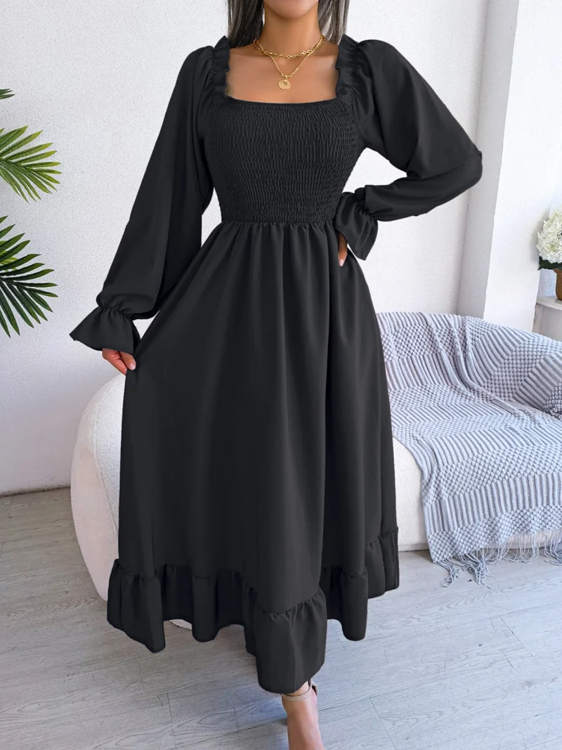 Elegante jurk met geplooide mouwen en ruches voor dames - ondoorzichtig, niet-elastisch, stijlvol ontwerp