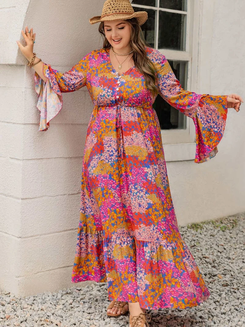 Plus Size Bedrukte V-hals Lange Mouw Maxi Jurk