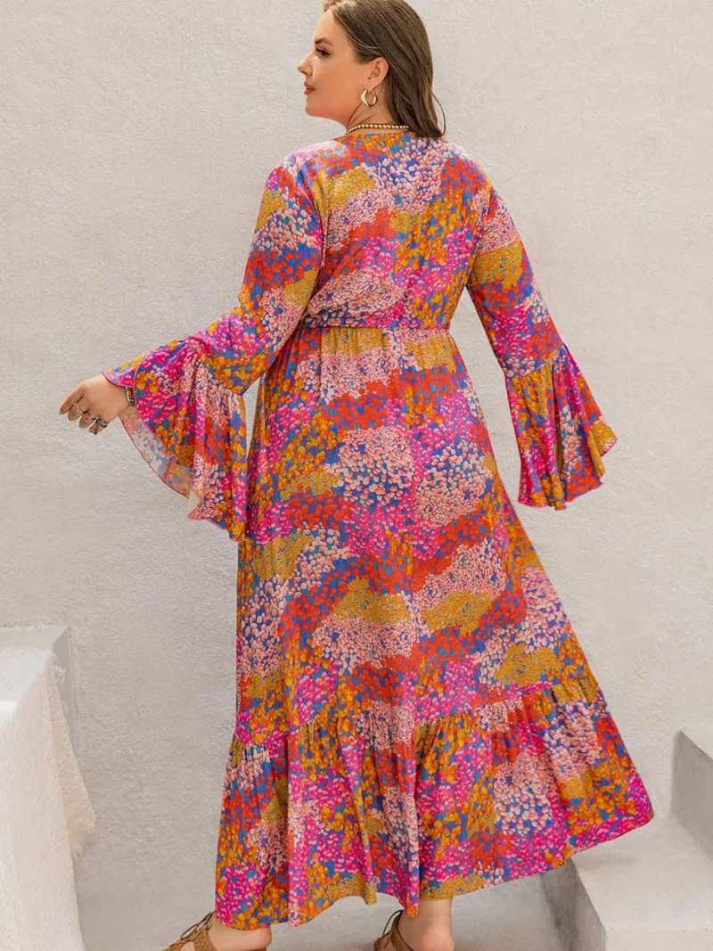 Plus Size Bedrukte V-hals Lange Mouw Maxi Jurk