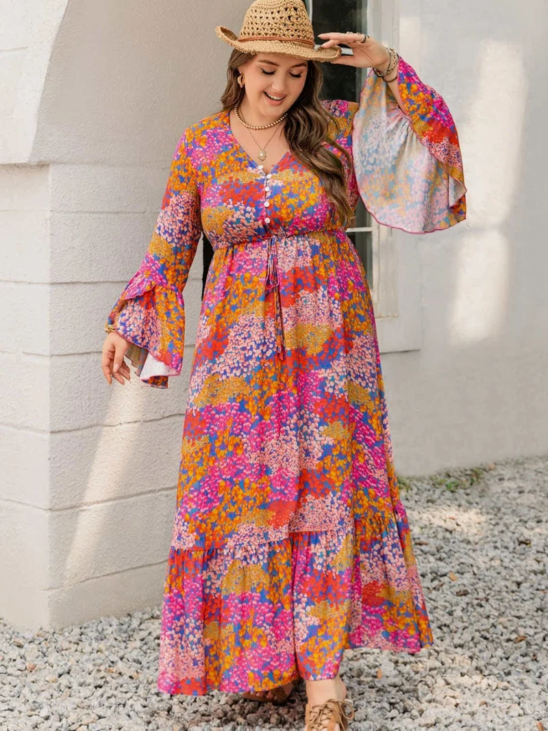 Plus Size Bedrukte V-hals Lange Mouw Maxi Jurk