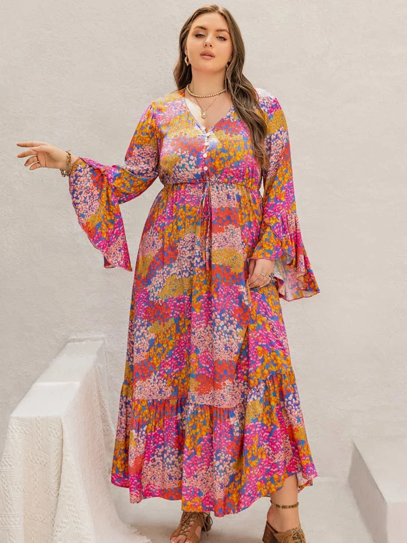 Plus Size Bedrukte V-hals Lange Mouw Maxi Jurk