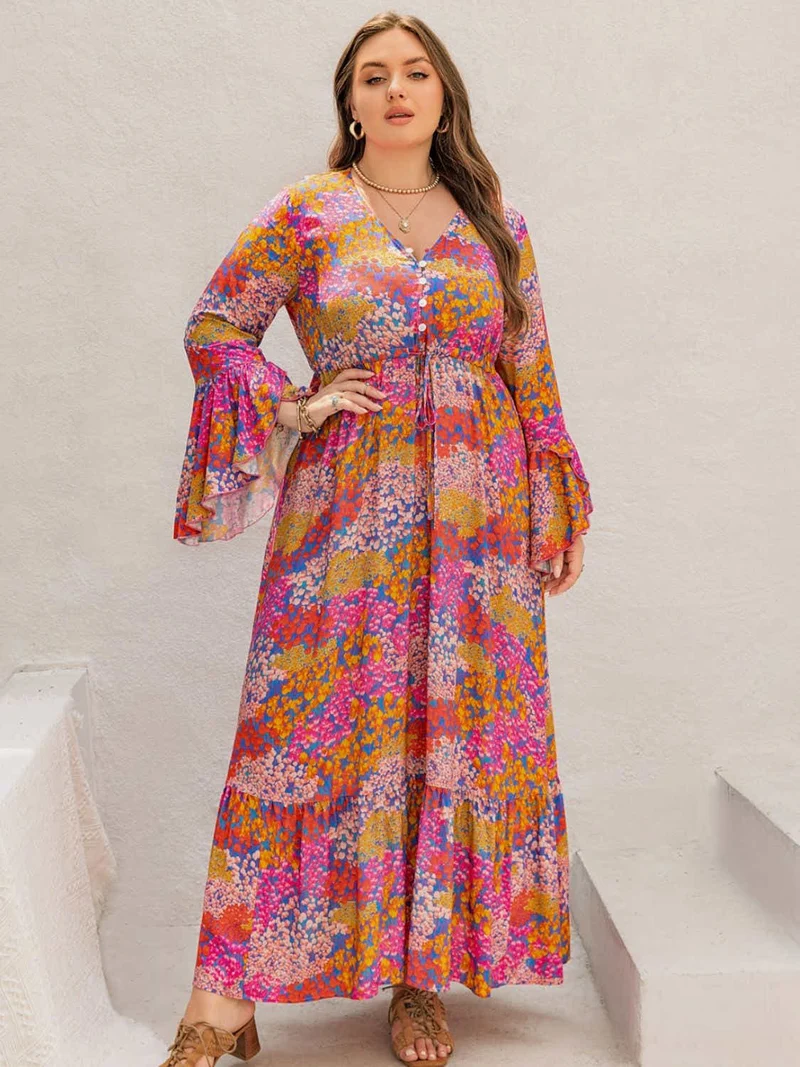 Plus Size Bedrukte V-hals Lange Mouw Maxi Jurk