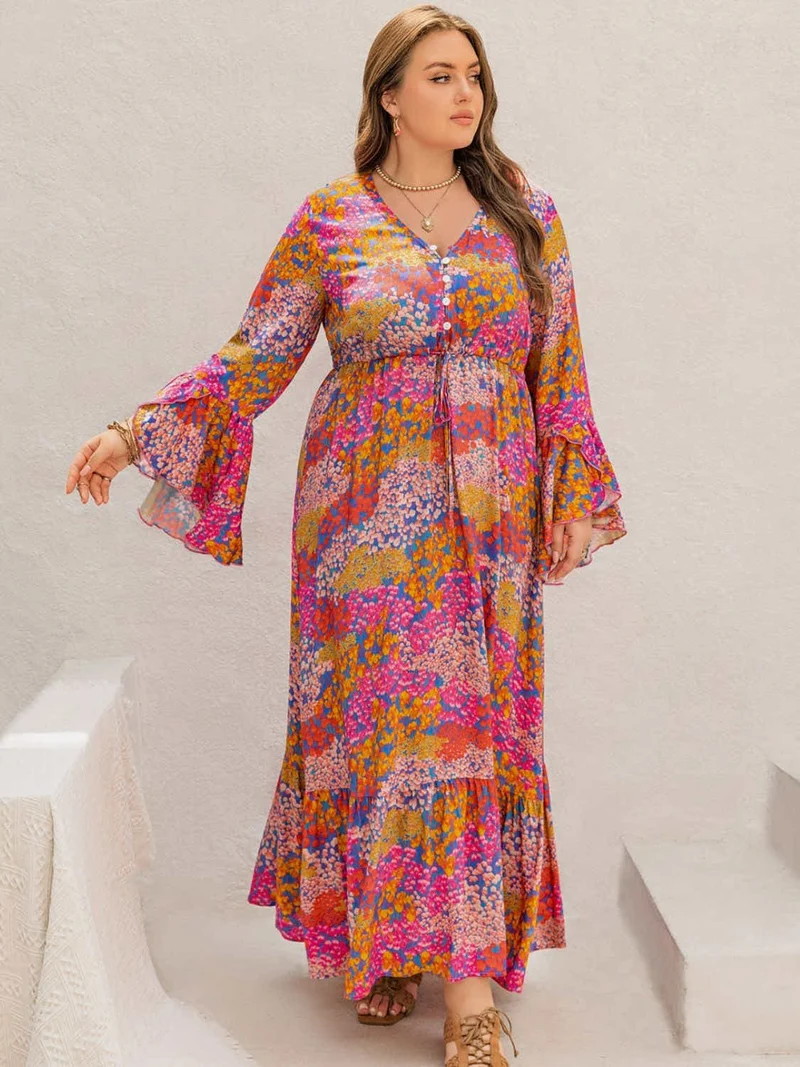 Plus Size Bedrukte V-hals Lange Mouw Maxi Jurk