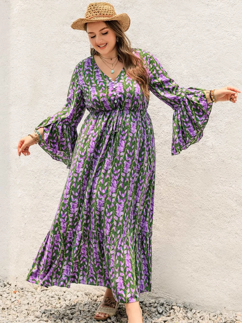 Plus Size Bedrukte V-hals Lange Mouw Maxi Jurk