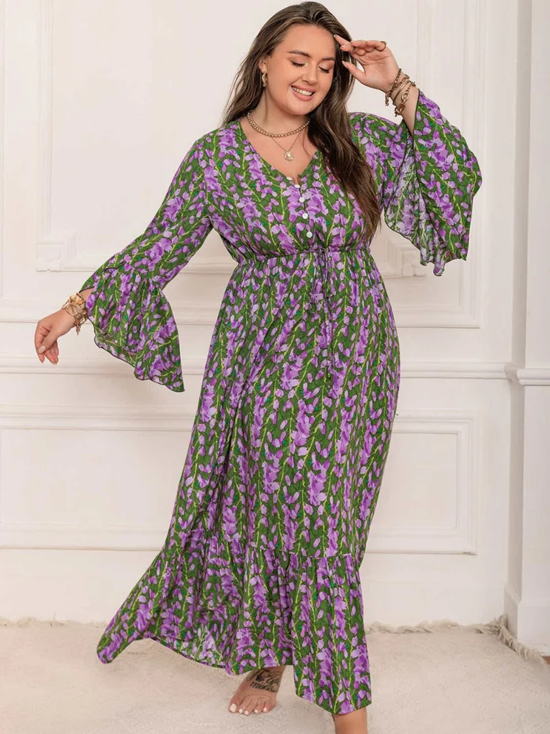 Plus Size Bedrukte V-hals Lange Mouw Maxi Jurk