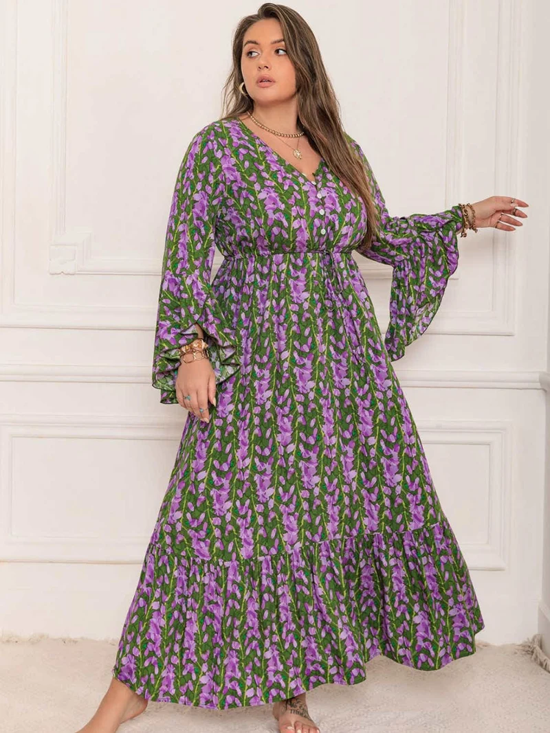 Plus Size Bedrukte V-hals Lange Mouw Maxi Jurk
