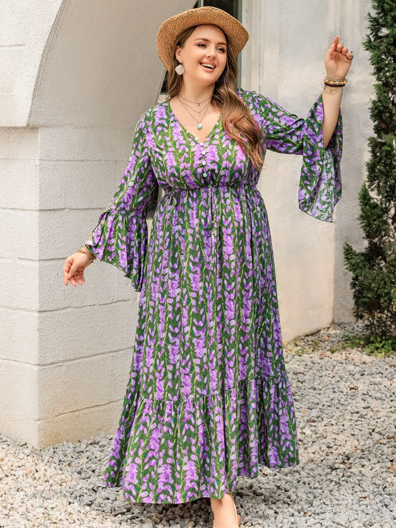 Plus Size Bedrukte V-hals Lange Mouw Maxi Jurk