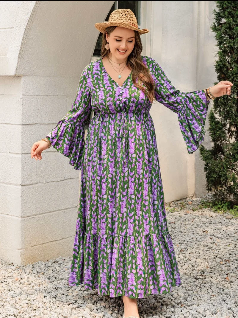 Plus Size Bedrukte V-hals Lange Mouw Maxi Jurk