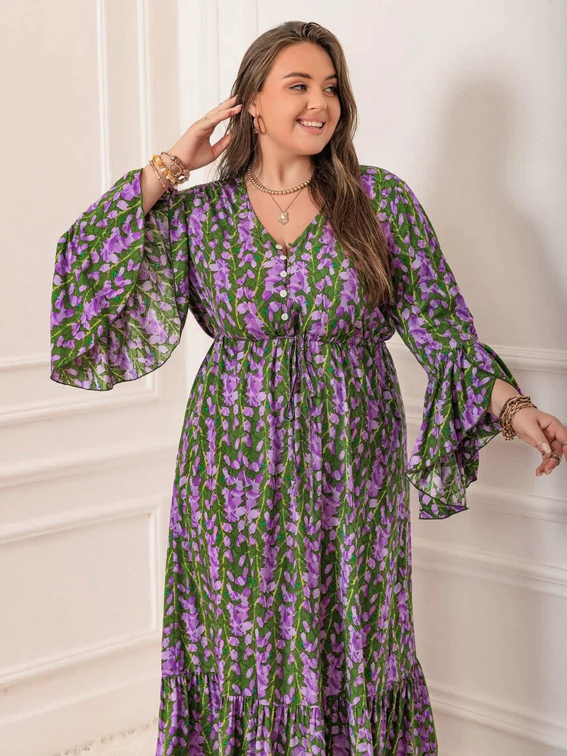 Plus Size Bedrukte V-hals Lange Mouw Maxi Jurk