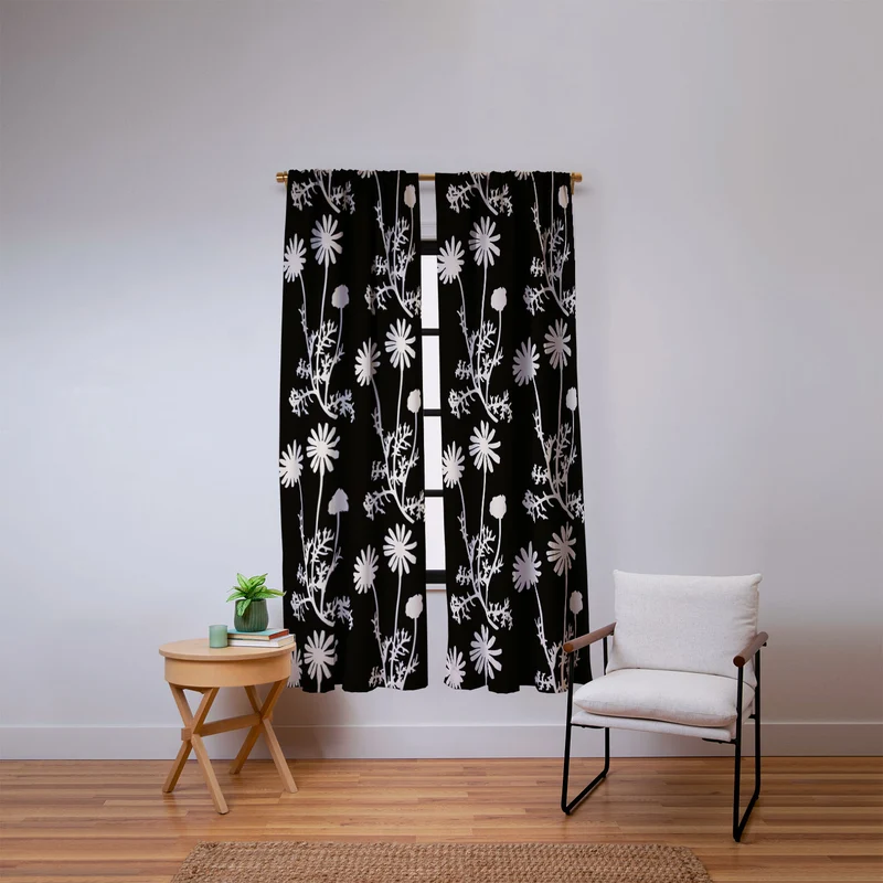 Dark Floral Botanical Wild Daisies Pattern in Black and Almond Cream Window Curtain