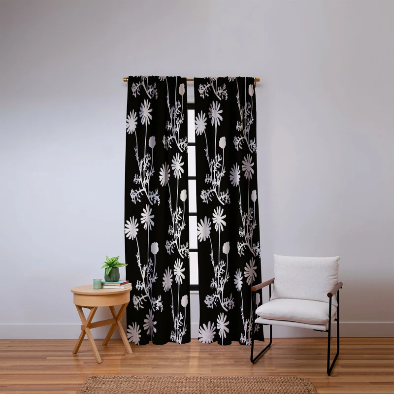 Dark Floral Botanical Wild Daisies Pattern in Black and Almond Cream Window Curtain