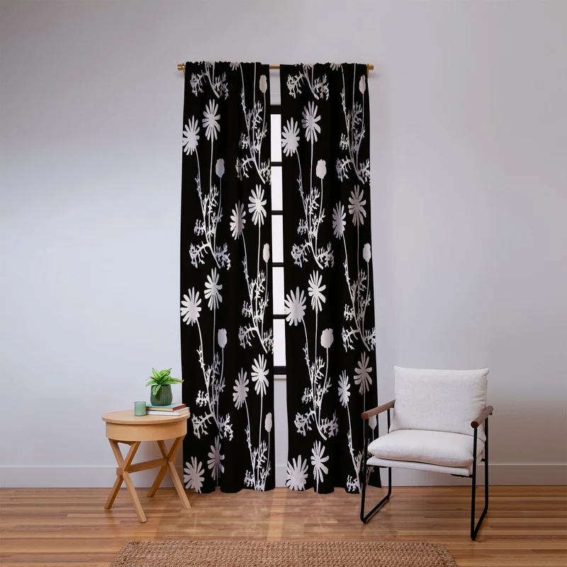 Dark Floral Botanical Wild Daisies Pattern in Black and Almond Cream Window Curtain