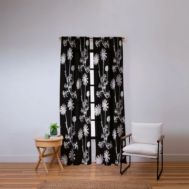 Dark Floral Botanical Wild Daisies Pattern in Black and Almond Cream Window Curtain