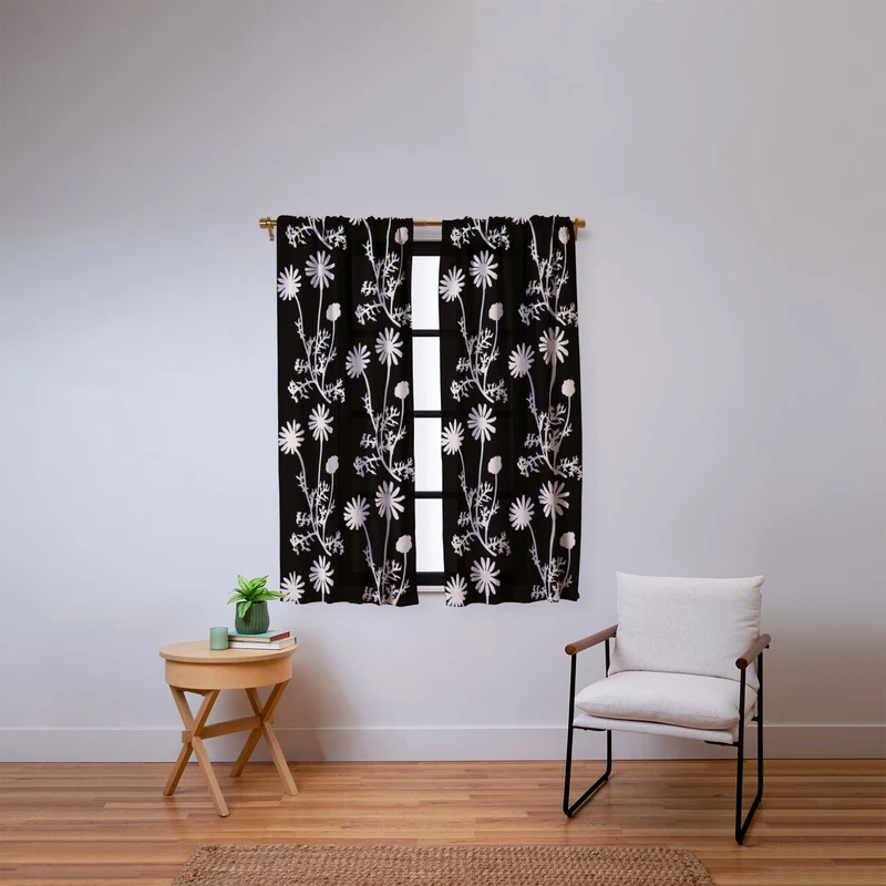 Dark Floral Botanical Wild Daisies Pattern in Black and Almond Cream Window Curtain