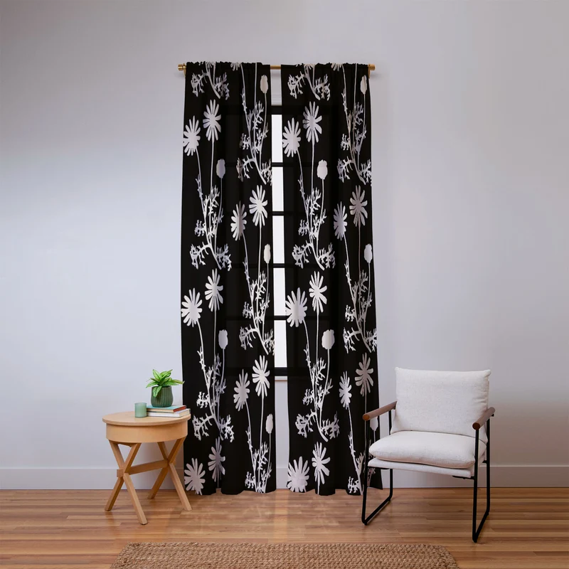 Dark Floral Botanical Wild Daisies Pattern in Black and Almond Cream Window Curtain