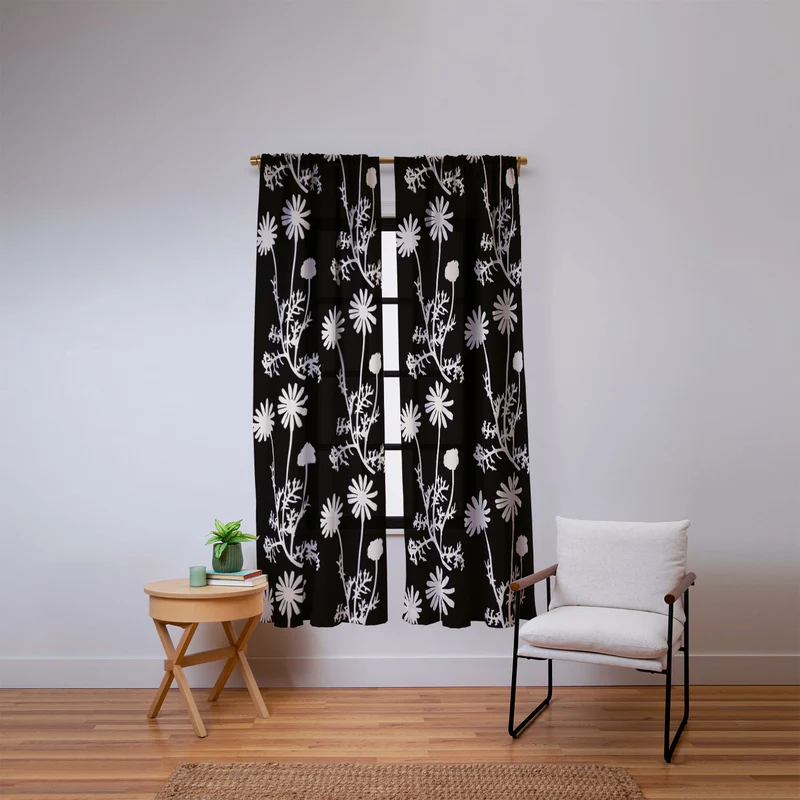 Dark Floral Botanical Wild Daisies Pattern in Black and Almond Cream Window Curtain