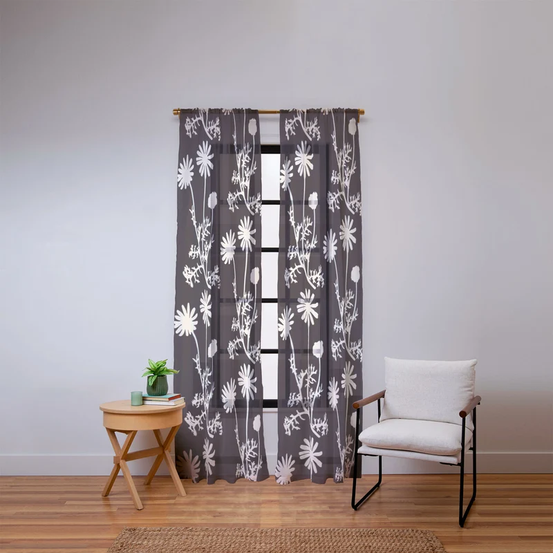 Dark Floral Botanical Wild Daisies Pattern in Black and Almond Cream Window Curtain