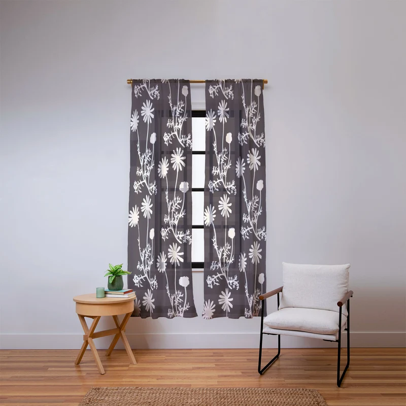 Dark Floral Botanical Wild Daisies Pattern in Black and Almond Cream Window Curtain